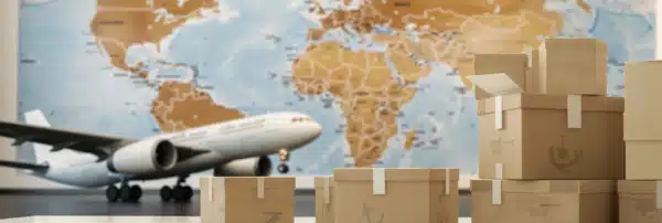 Cartons de déménagement avec avion et carte du monde en arrière-plan.
