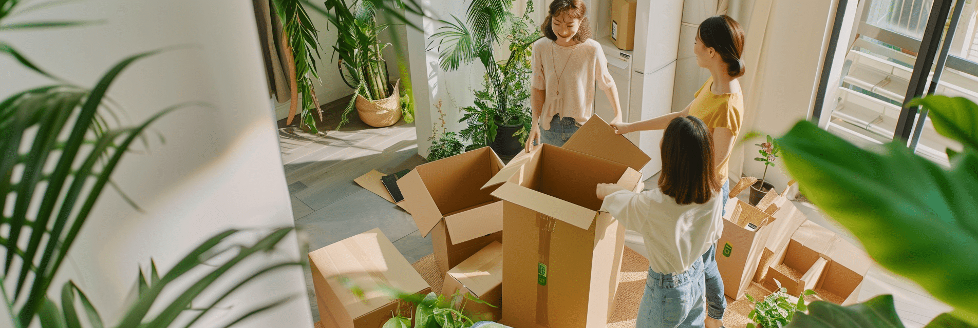 Famille préparant un déménagement écologique avec cartons recyclés.