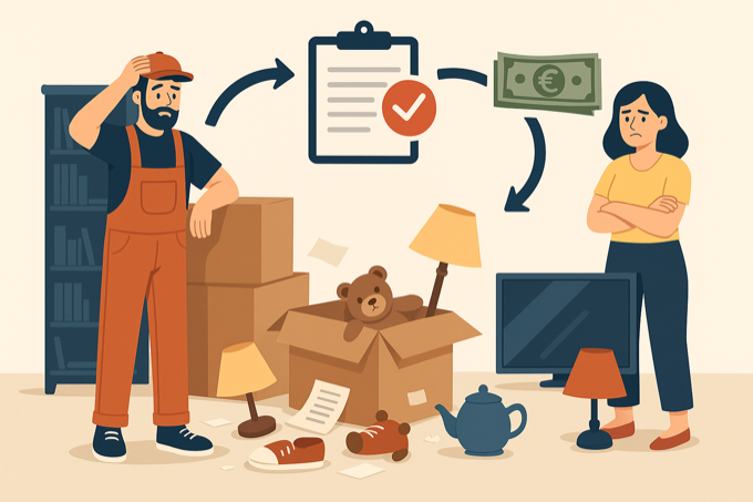 Illustration de professionnels en train de vider une maison avec camion de débarras