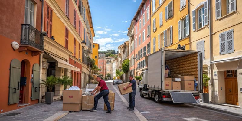 Déménageurs à Nice dans une rue étroite du Vieux-Nice