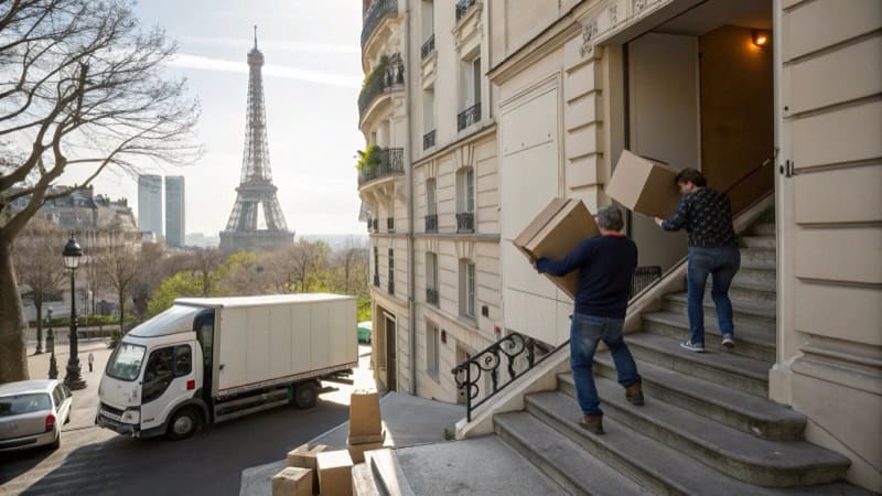 Déménageurs dans un immeuble sans ascenseur à Paris 15