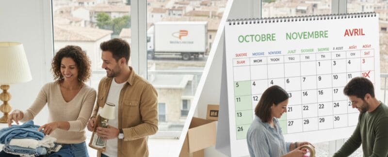Couple emballant et triant pour un déménagement économique, calendrier d'octobre à avril. 