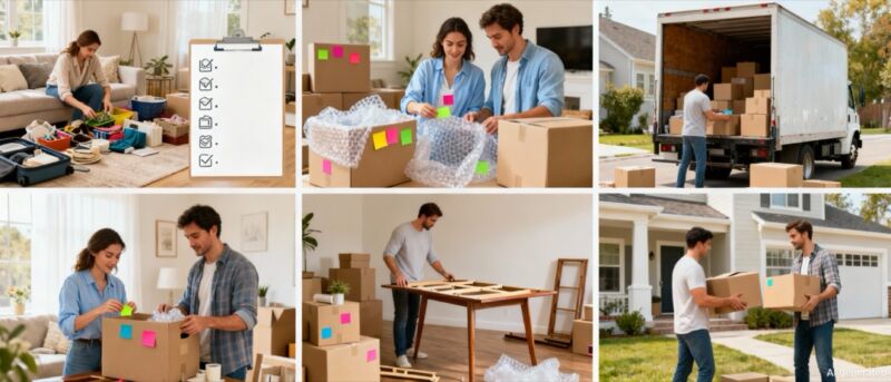 préparation d’un déménagement avec checklist, cartons, protection des objets fragiles et camion de déménagement