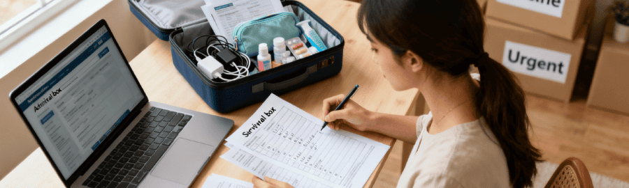 Femme préparant sa check-list de déménagement avec documents administratifs et carton de survie contenant les essentiels pour le jour J