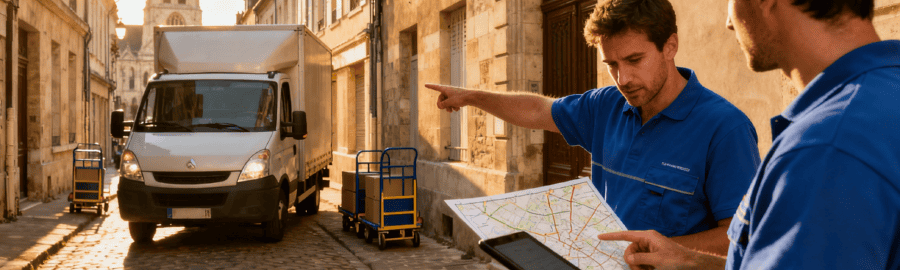 Camion de déménagement dans une ruelle étroite du centre historique de Meaux avec déménageurs planifiant l'accès dans un quartier ancien