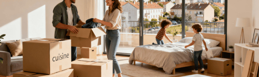 Famille déballant des cartons dans un nouvel appartement à Colombes, cartons étiquetés et vue sur le quartier résidentiel
