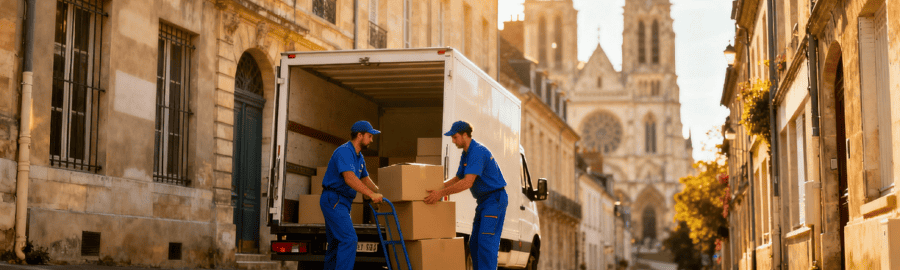 Déménageurs professionnels avec camion dans une ruelle étroite du centre historique de Meaux, cathédrale Saint-Étienne en arrière-plan
