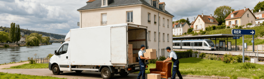 Camion de déménagement à Melun avec déménageurs déchargeant des cartons près de la Seine, vue sur la ville et la gare RER D