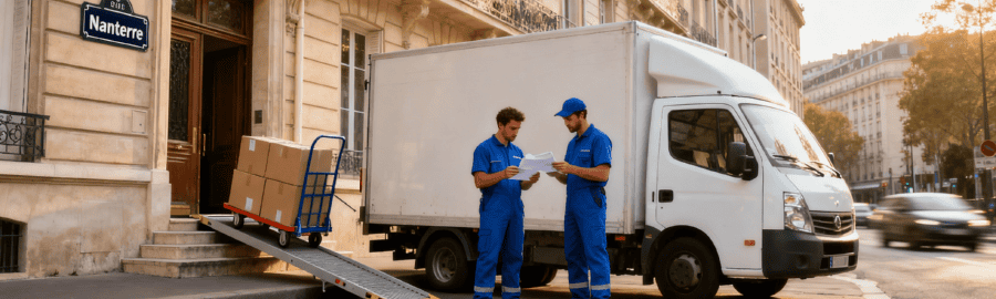 Déménageurs à Nanterre consultant une autorisation de stationnement devant un immeuble haussmannien avec camion et équipement