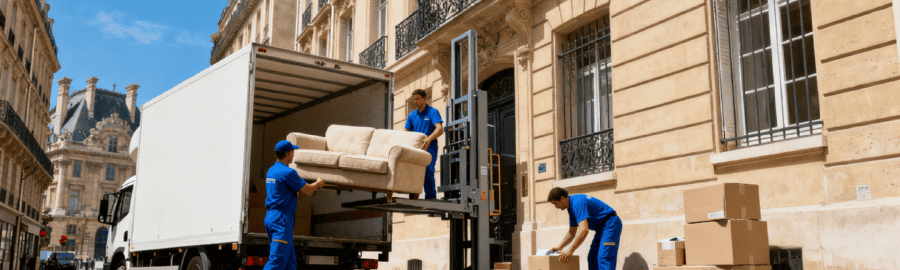 demenagement-paris-1er-arrondissement-rues-etroites Déménageurs professionnels utilisant un monte-meuble dans une rue étroite du 1er arrondissement de Paris devant un immeuble haussmannien