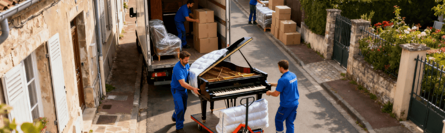 Déménageurs professionnels transportant un piano protégé dans une rue étroite de Torcy, illustrant la logistique adaptée aux objets fragiles