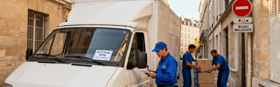 Camion de déménagement avec autorisation de stationnement dans une rue étroite du centre historique de Rueil-Malmaison