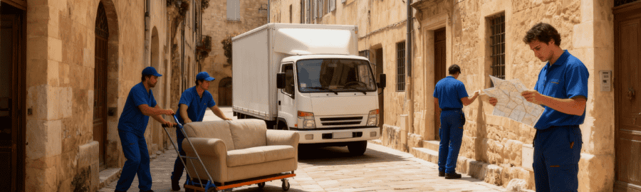 Déménageurs manœuvrant un canapé dans une ruelle pavée étroite de la cité médiévale de Provins avec petit camion et bâtiments historiques