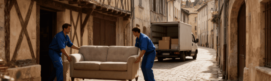 Déménageurs transportant un meuble dans une étroite ruelle médiévale de Provins, avec camion adapté aux contraintes patrimoniales