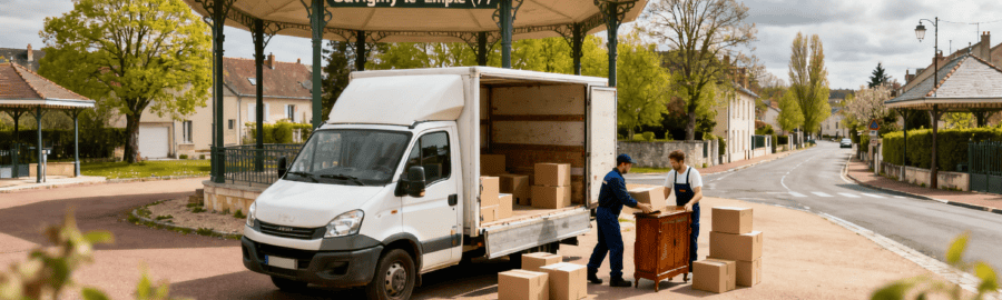 Déménageurs professionnels déchargeant un camion devant un pavillon à Savigny-le-Temple, quartier résidentiel de Seine-et-Marne