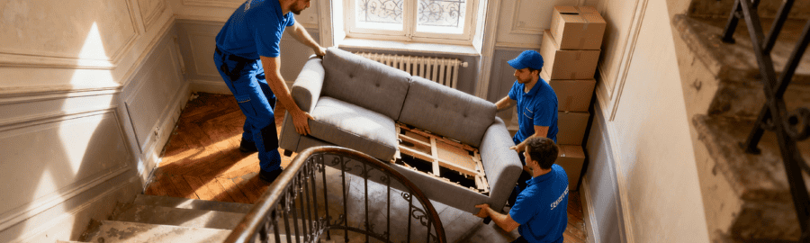 demenageurs-professionnels-escalier-paris-1er Déménageurs professionnels transportant un canapé dans un escalier étroit d'immeuble haussmannien du 1er arrondissement parisien
