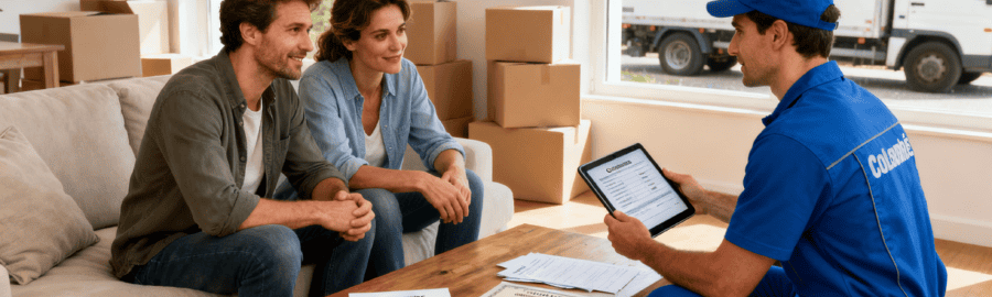 Couple consultant un déménageur professionnel à Colombes qui présente des documents d'assurance et un devis détaillé