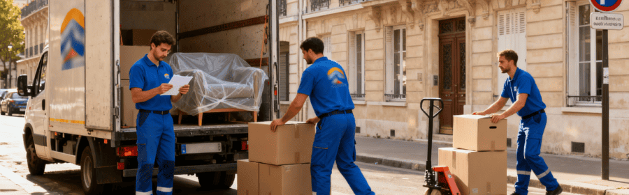 Équipe de déménageurs professionnels en action à Rueil-Malmaison avec camion, équipement spécialisé et autorisation de stationnement
