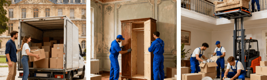 Trois formules de déménagement à Fontainebleau : économique avec auto-chargement, standard avec démontage, et confort avec monte-meuble