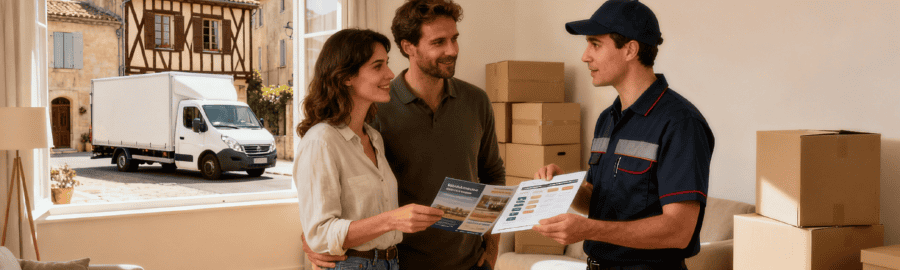 Couple consultant différentes formules de déménagement avec un conseiller à Provins, vue sur les ruelles médiévales et camion