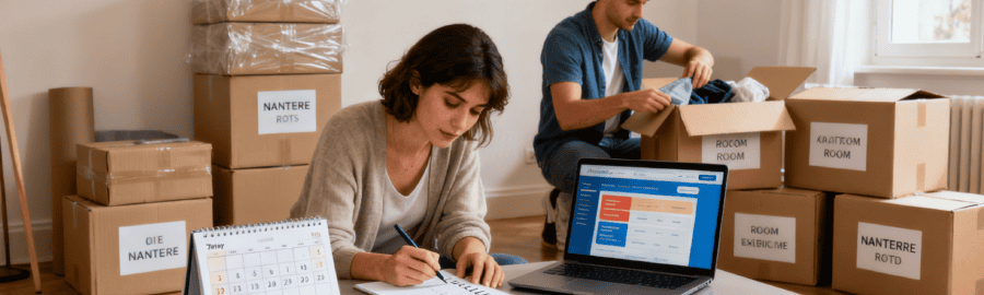 Couple préparant leur déménagement à Nanterre avec checklist, cartons étiquetés et calendrier, dans une ambiance organisée