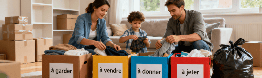 Famille triant méthodiquement ses affaires en quatre catégories avec différents cartons lors de la préparation d'un déménagement