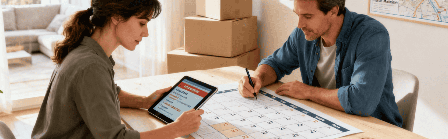 Couple préparant un rétroplanning de déménagement pour Rueil-Malmaison avec cartons et devis, organisation trois mois à l'avance