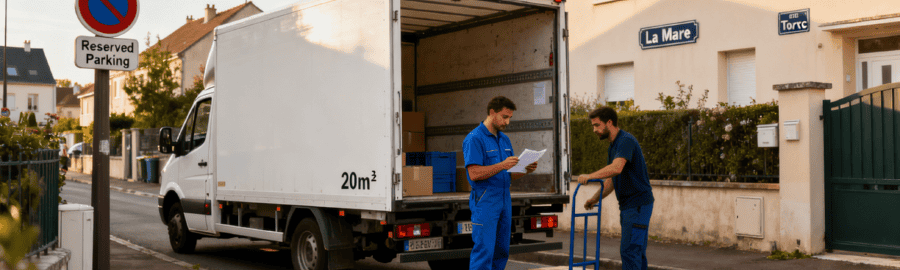 Camion de déménagement dans une rue étroite de Torcy avec déménageurs consultant une autorisation de stationnement municipale