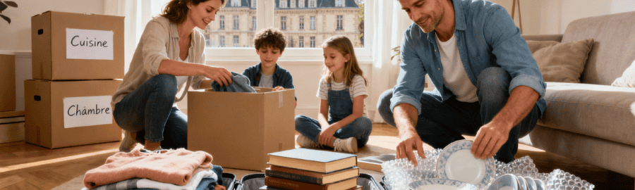 Famille triant méthodiquement ses affaires par catégories dans un salon à Fontainebleau, préparant cartons étiquetés pour déménagement