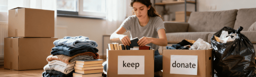 Femme triant méthodiquement ses affaires en trois catégories avant déménagement, entourée de cartons vides dans un appartement lumineux