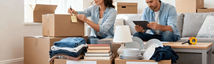 Couple préparant leur déménagement à Savigny-le-Temple : tri d'objets, étiquetage de cartons et consultation de devis sur tablette