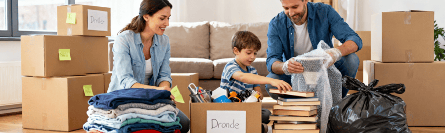 Famille organisant le tri pré-déménagement avec trois piles distinctes : garder, donner et jeter, tout en préparant des cartons étiquetés